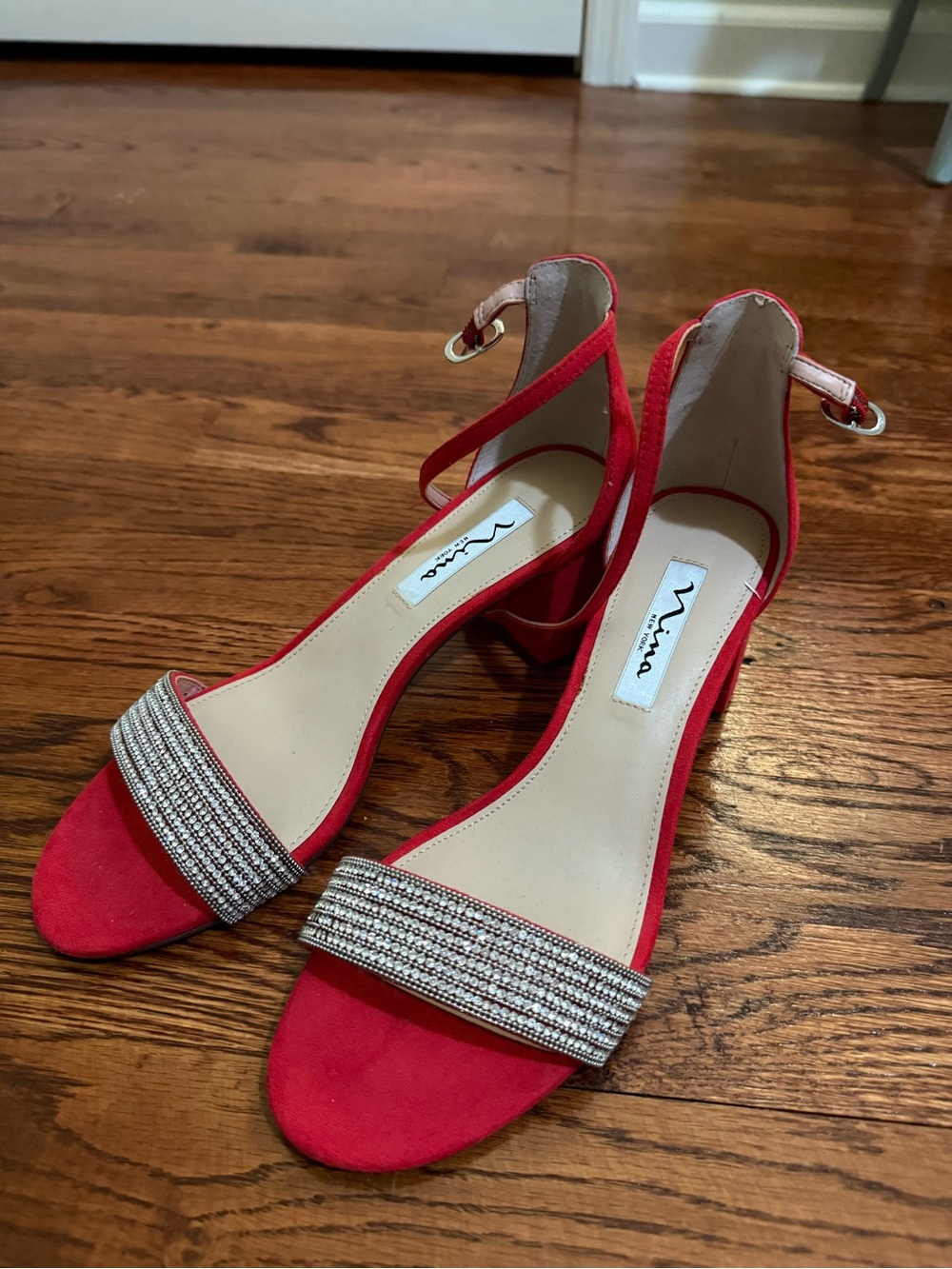 Nina Red Suede Ankle-Strap Heels with Rhinestone Toe Band